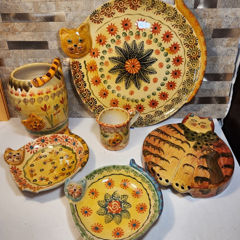 6pc Italian Majolica Cat Pottery Set Hand Painted Ceramic Italica Ars Italy